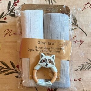 White and Gray Swaddle Blanket Set with Teether